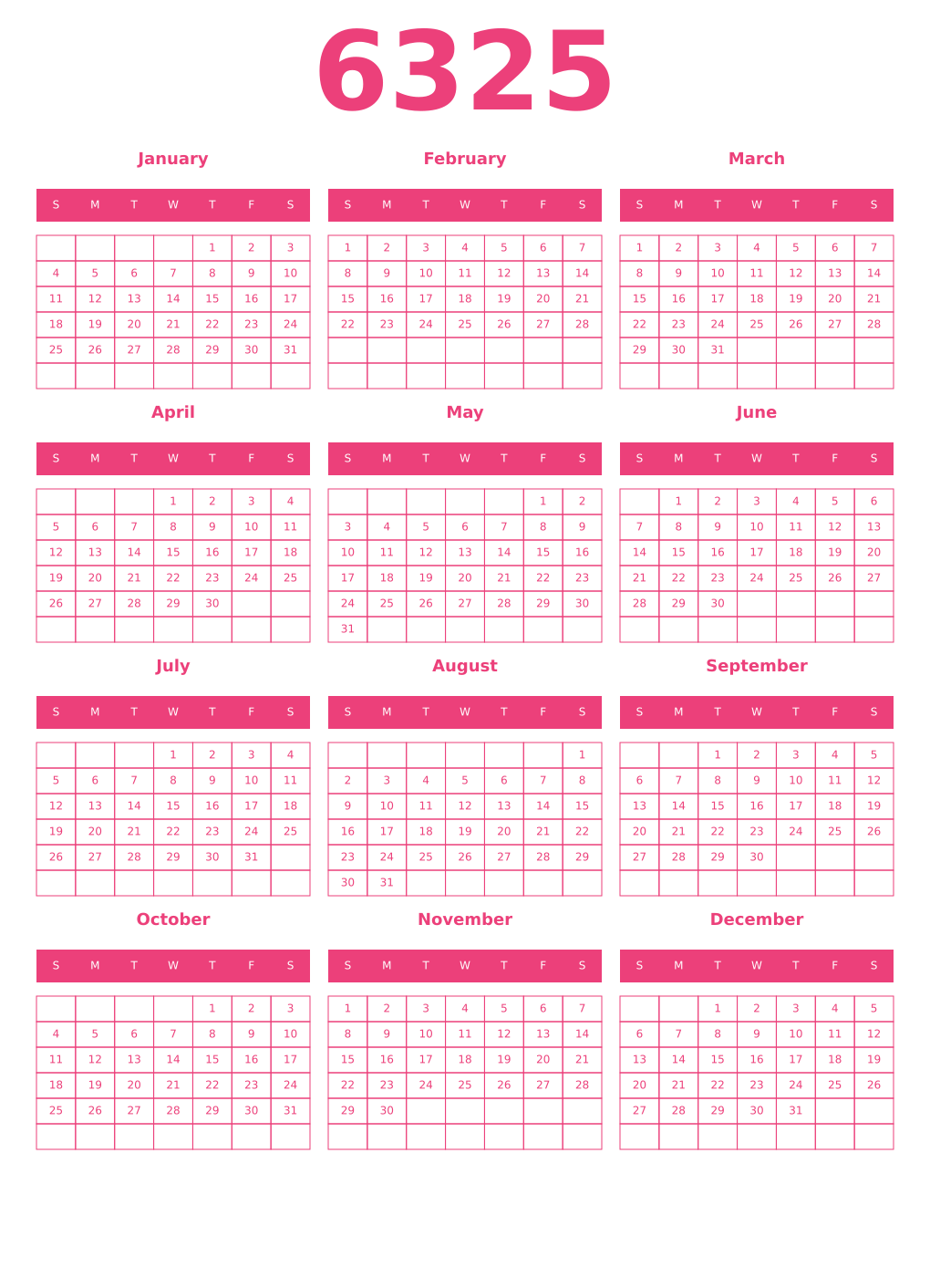 Printable 6325 Year Calendars pink