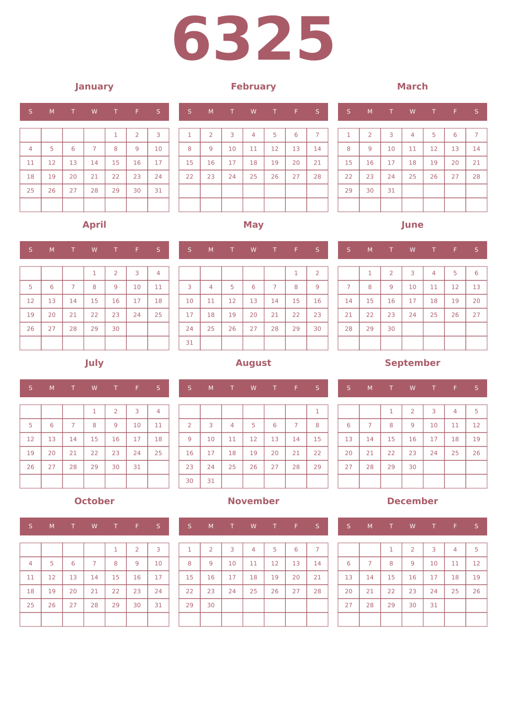 Printable 6325 Year Calendars puce