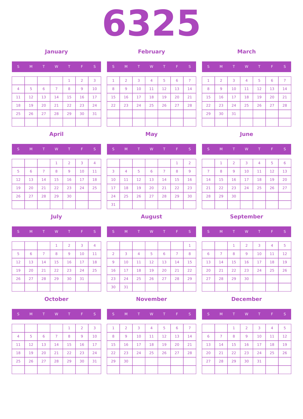 Printable 6325 Year Calendars purple