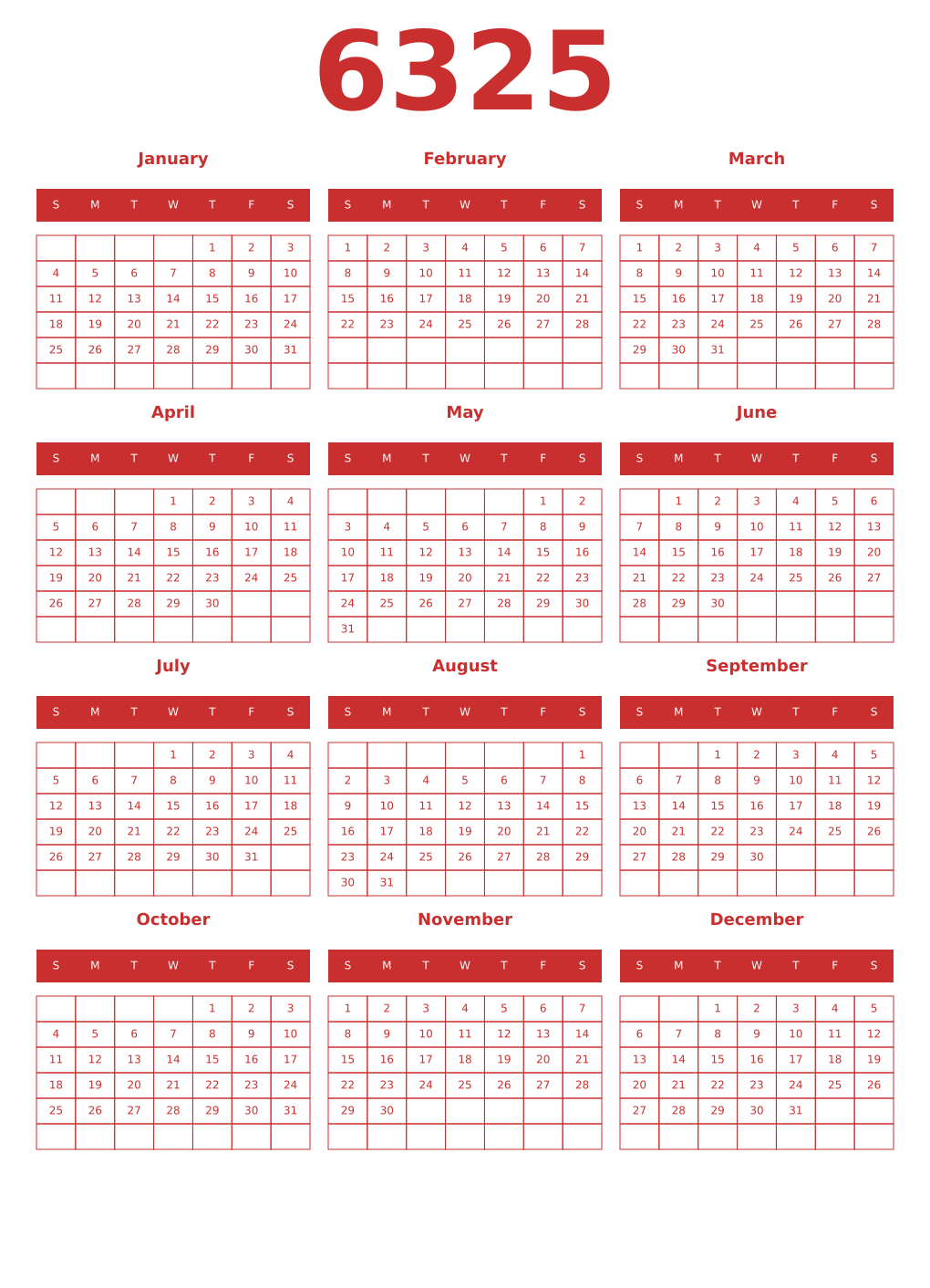 Printable 6325 Year Calendars red