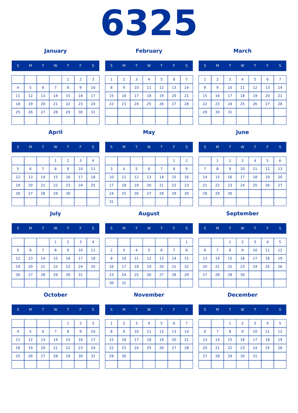 Printable 6325 Year Calendars smalt