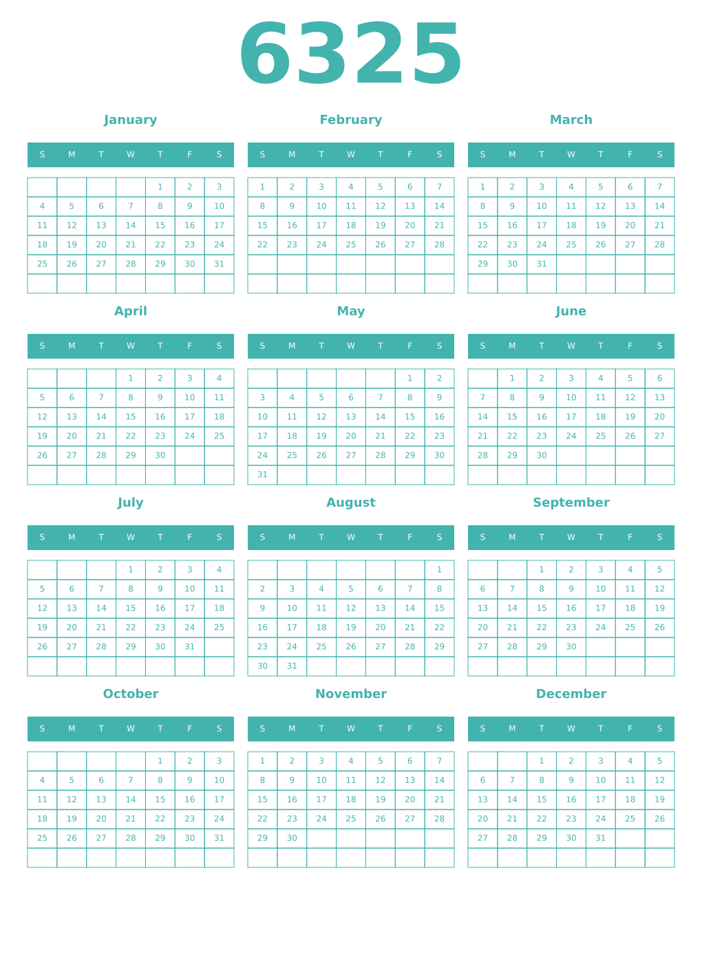 Printable 6325 Year Calendars verdigris