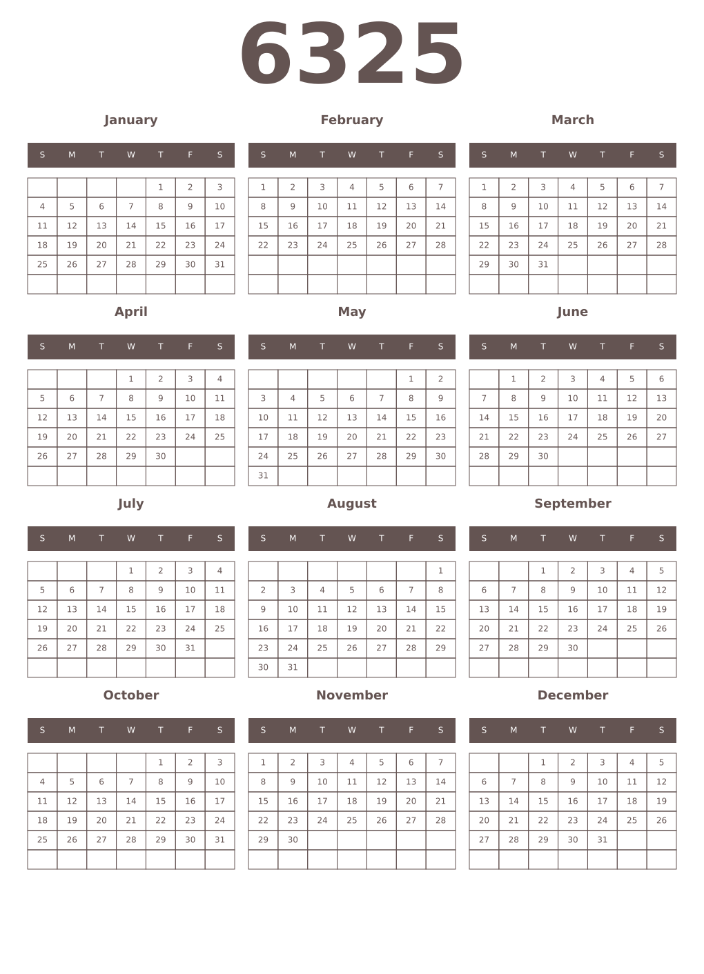 Printable 6325 Year Calendars wenge