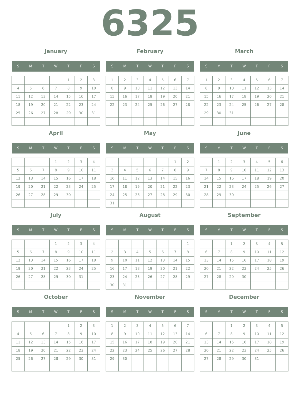 Printable 6325 Year Calendars xanadu