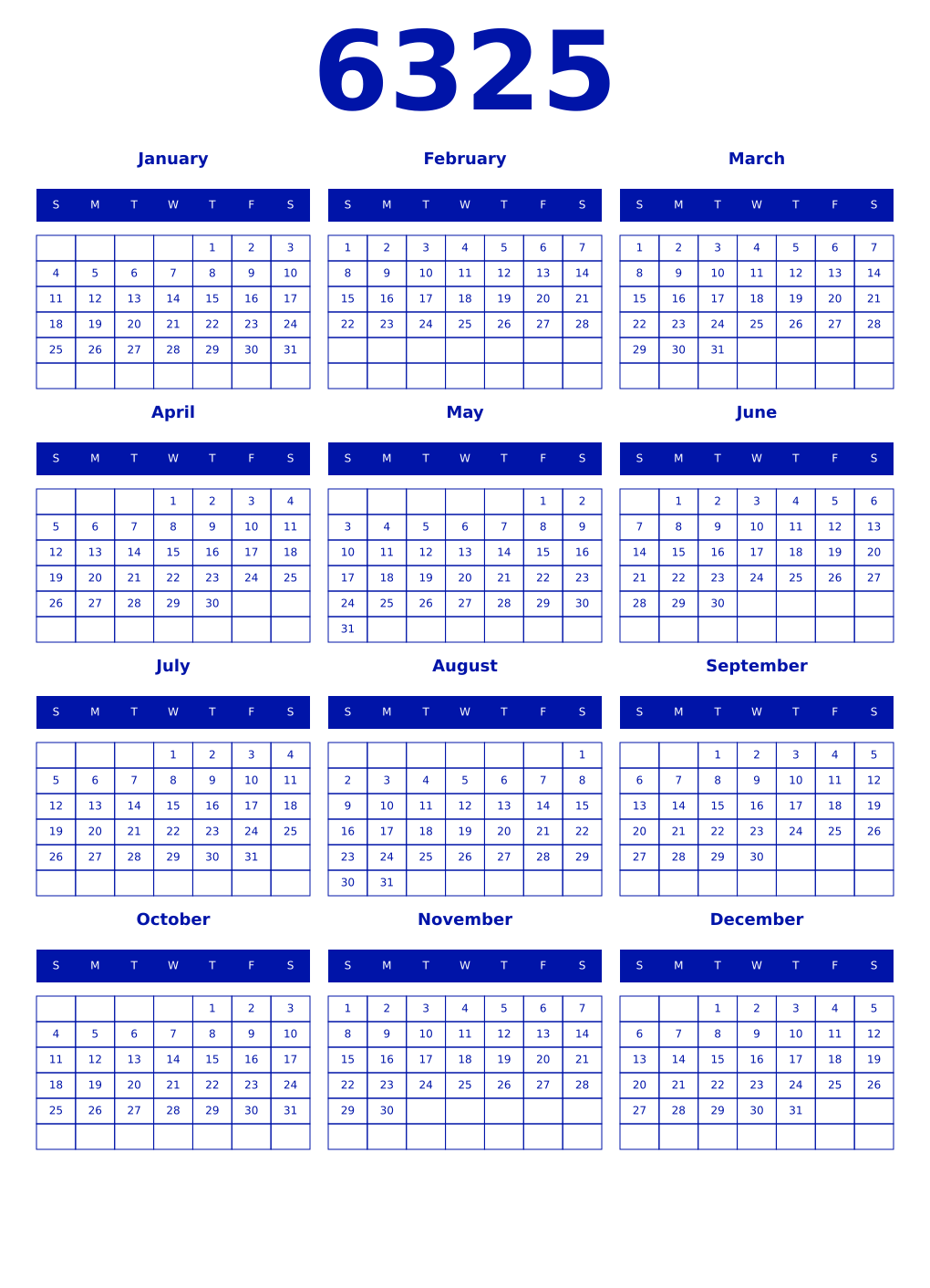Printable 6325 Year Calendars zaffre
