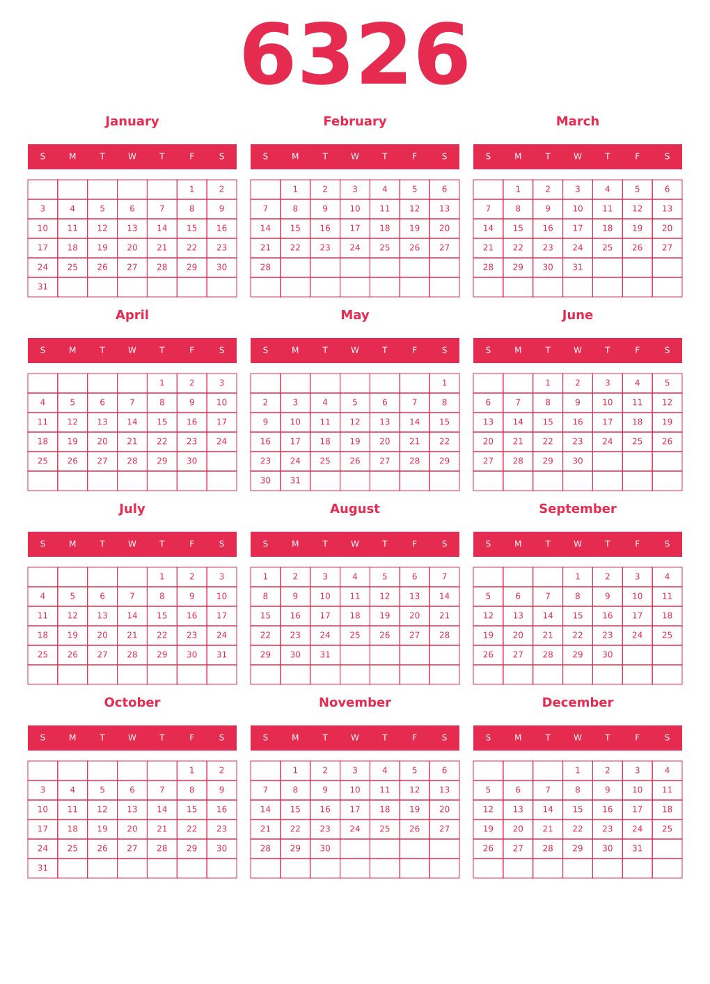 Printable 6326 Year Calendars amaranth
