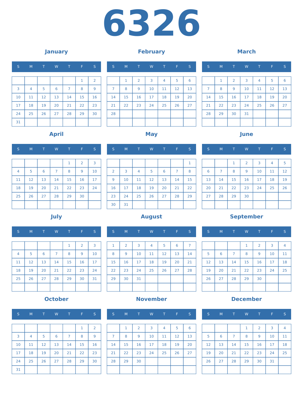 Printable 6326 Year Calendars blue