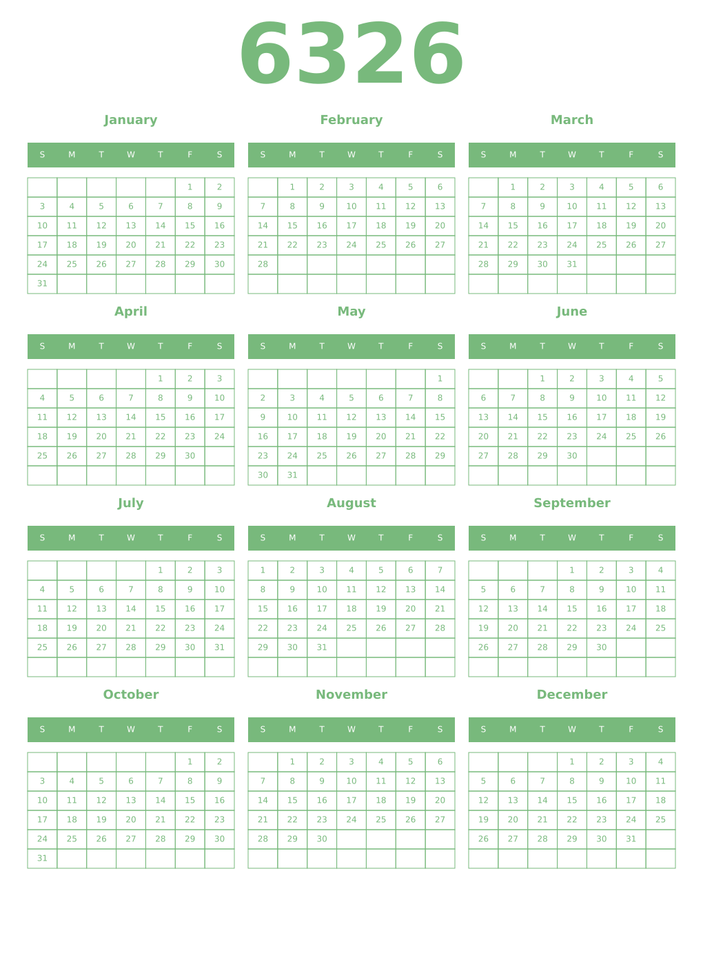 Printable 6326 Year Calendars celadon