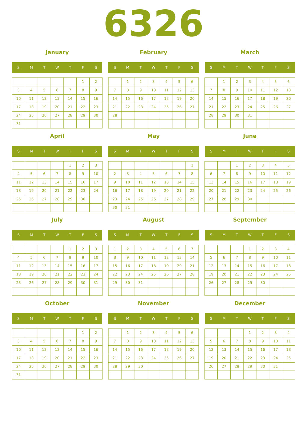 Printable 6326 Year Calendars chartreuse