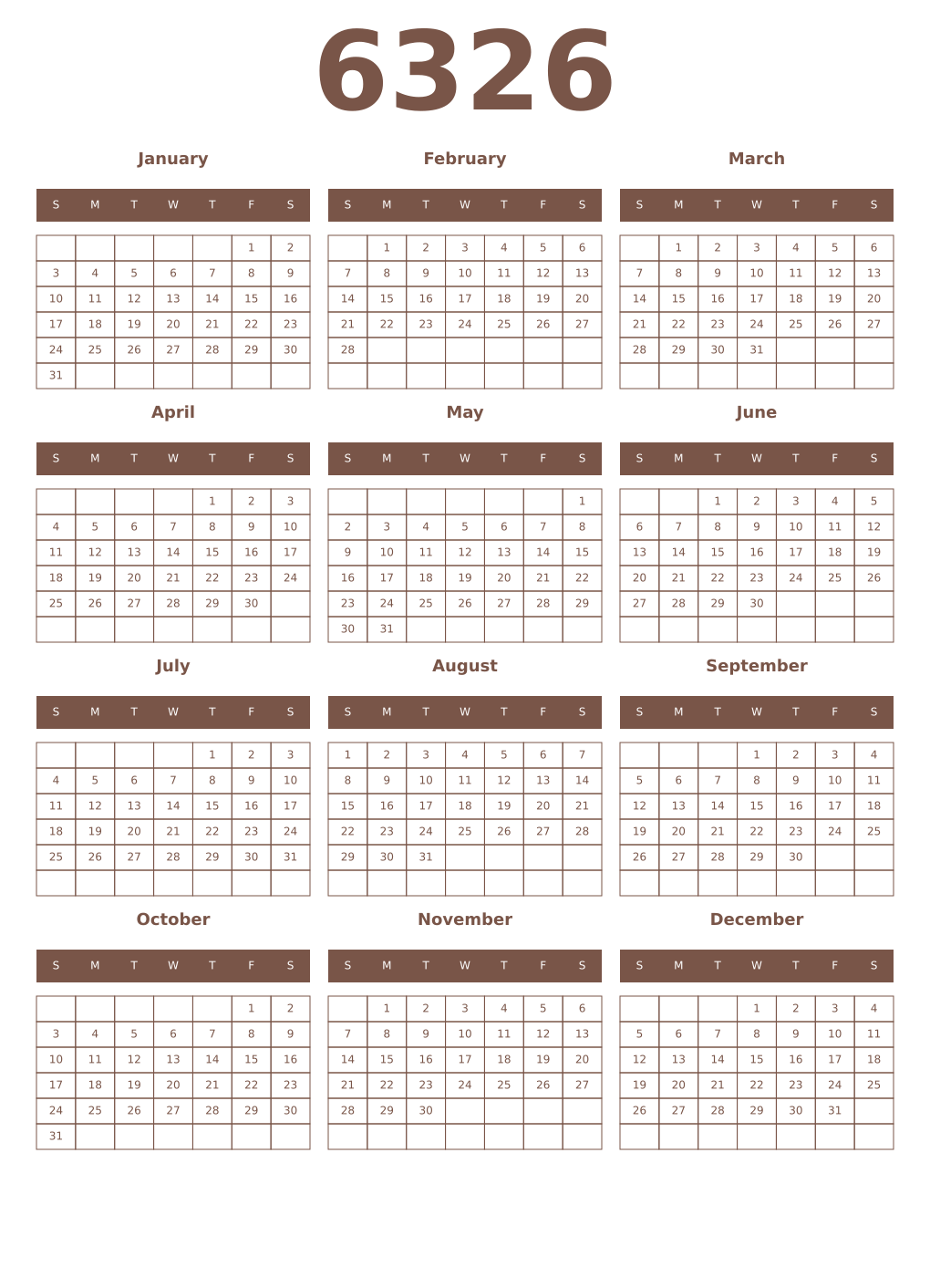 Printable 6326 Year Calendars coffe