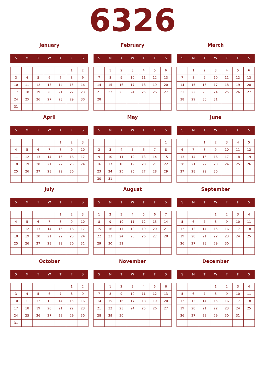 Printable 6326 Year Calendars falu