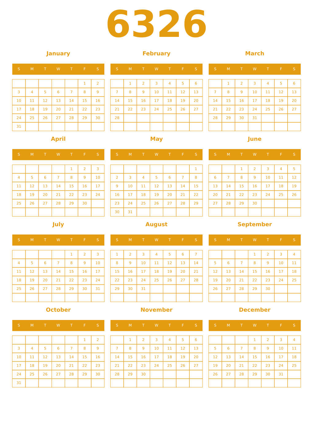Printable 6326 Year Calendars gamboge