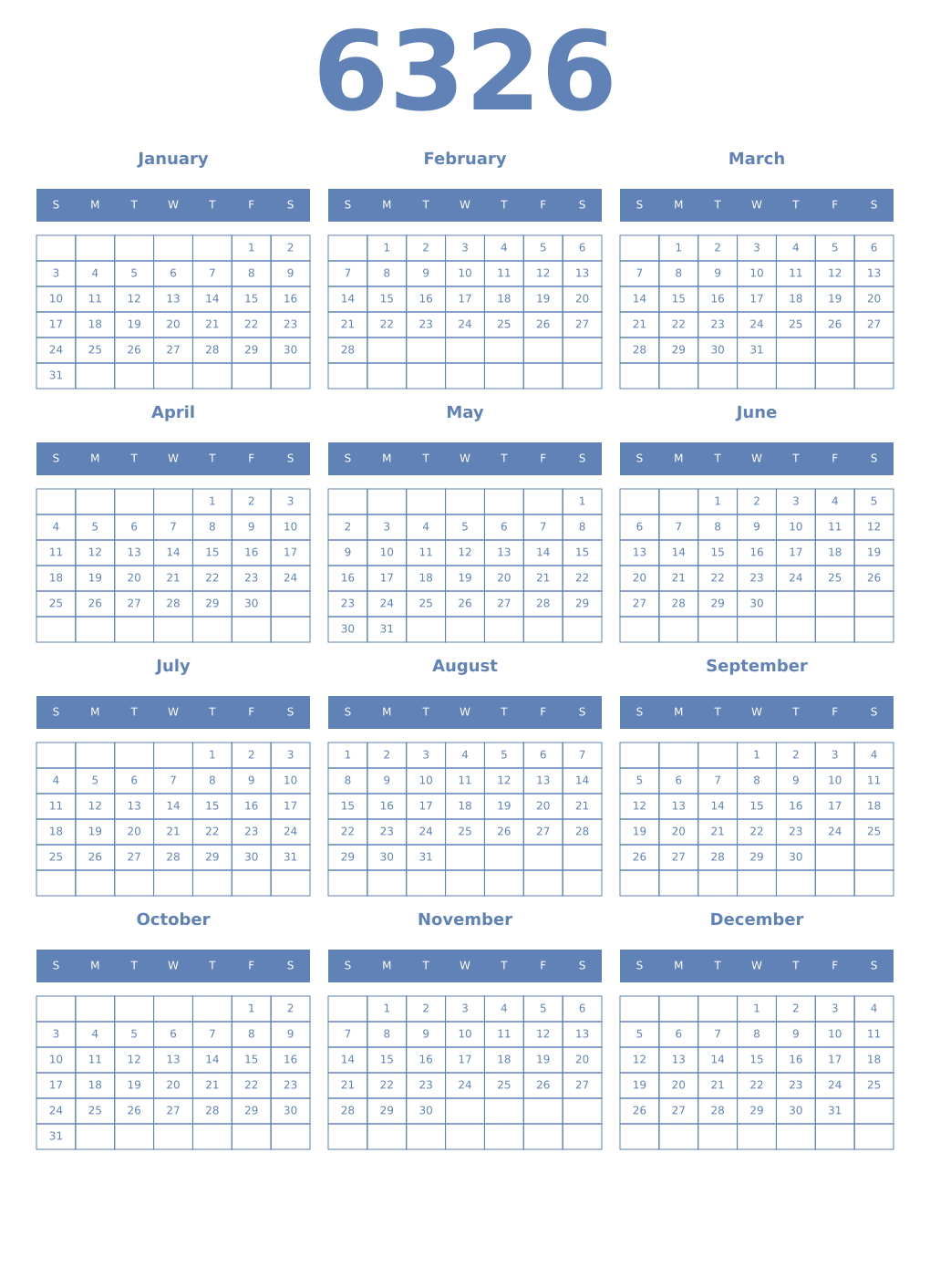 Printable 6326 Year Calendars glaucous