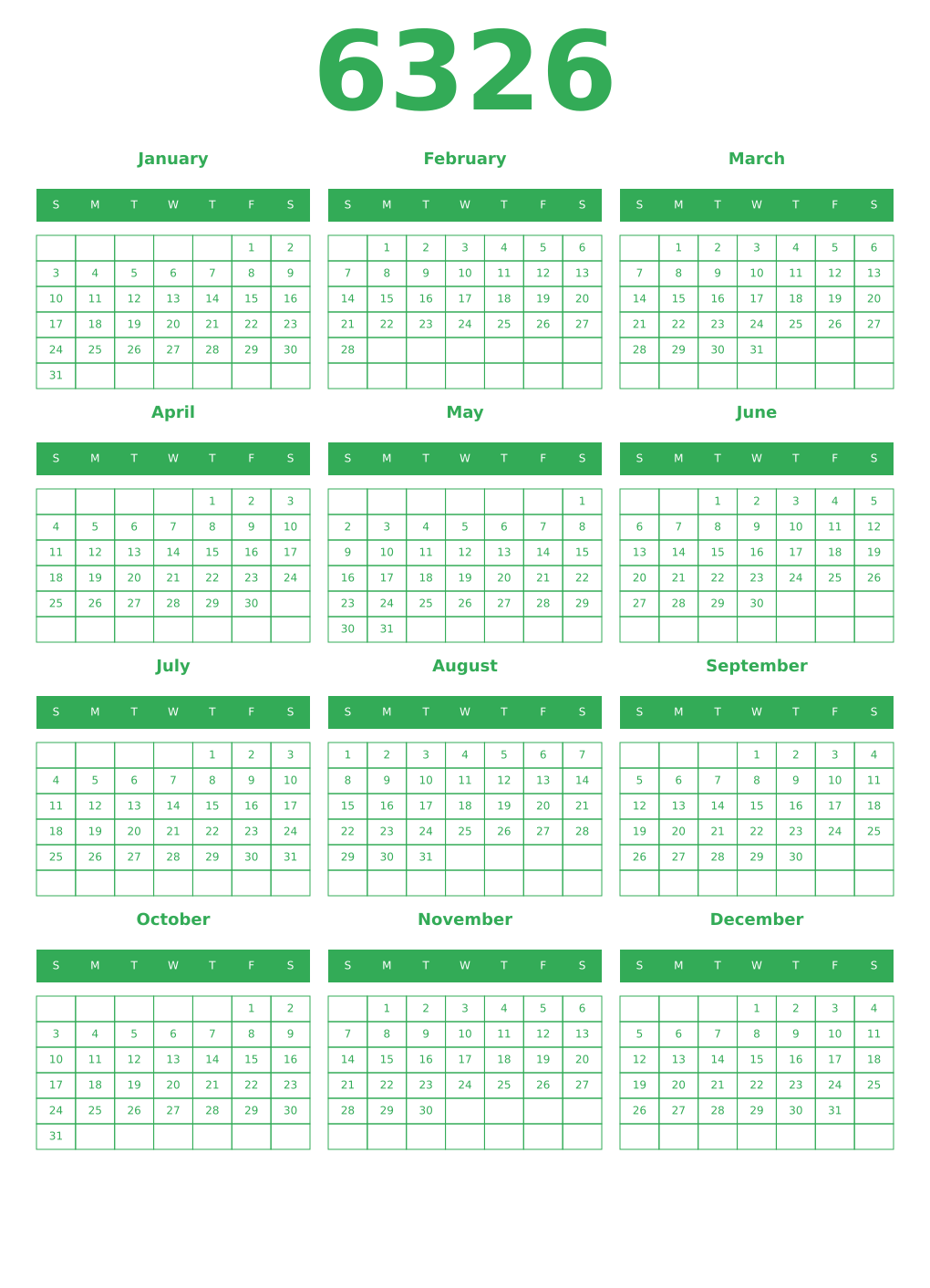 Printable 6326 Year Calendars green