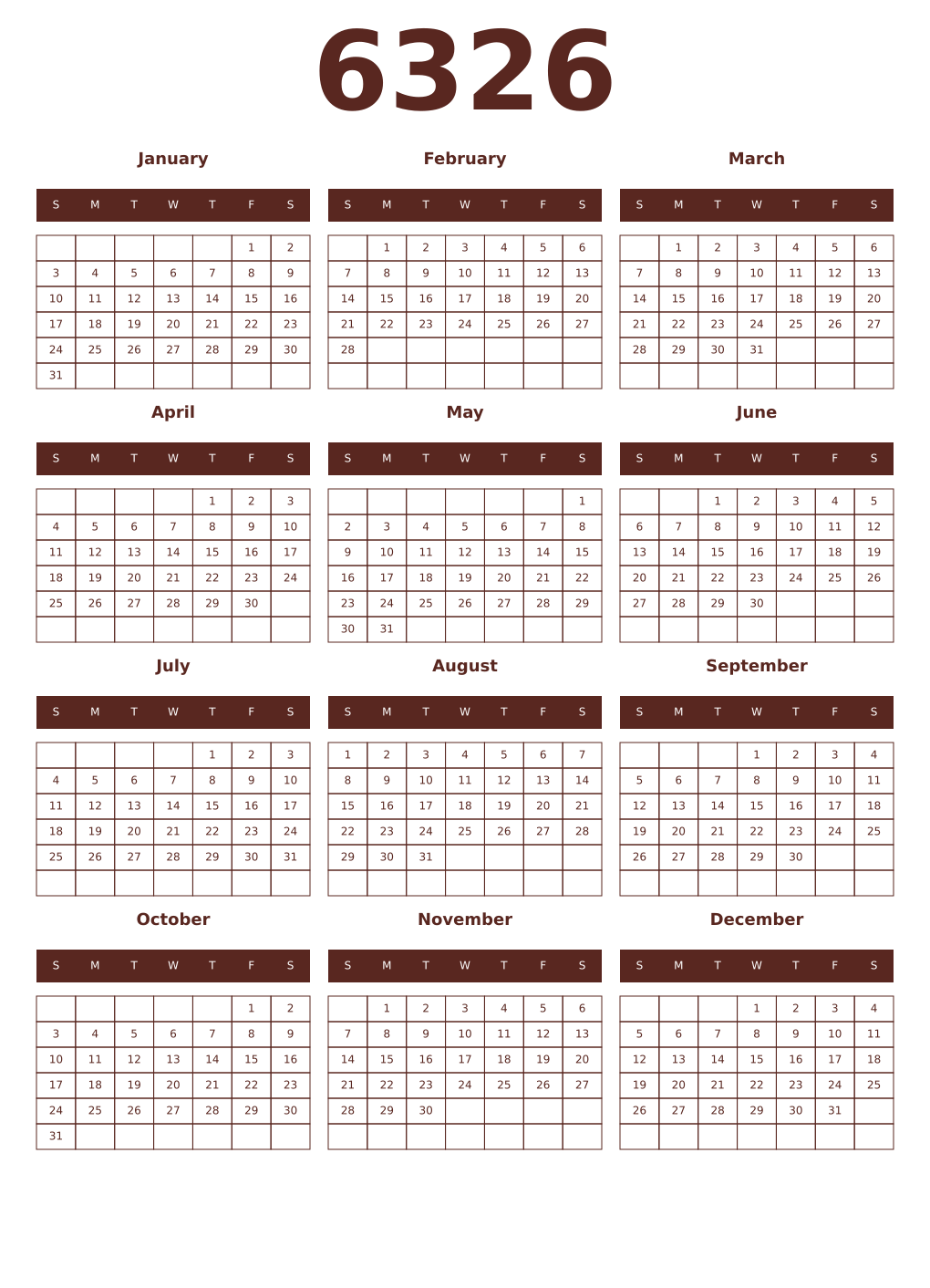 Printable 6326 Year Calendars mortuum