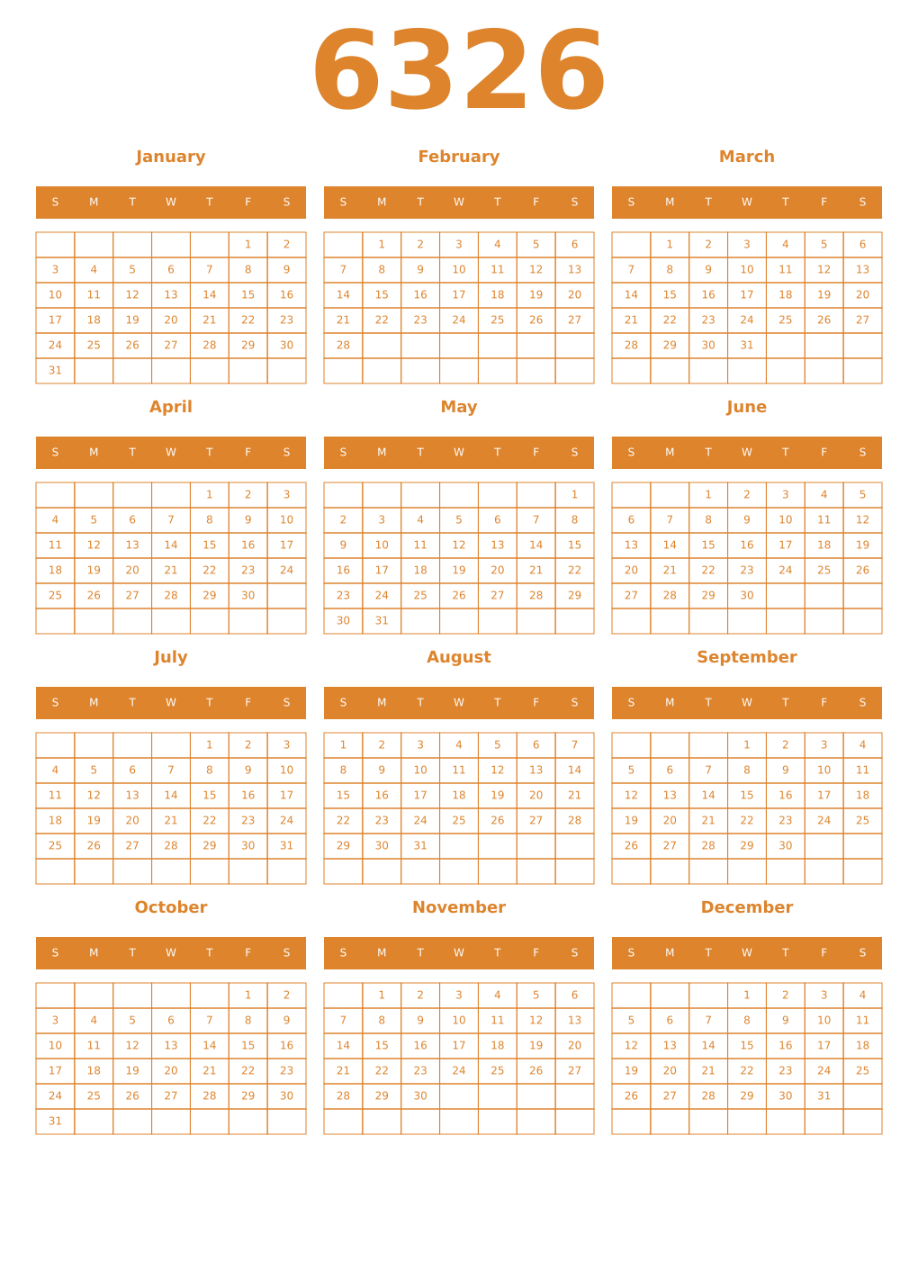 Printable 6326 Year Calendars orange