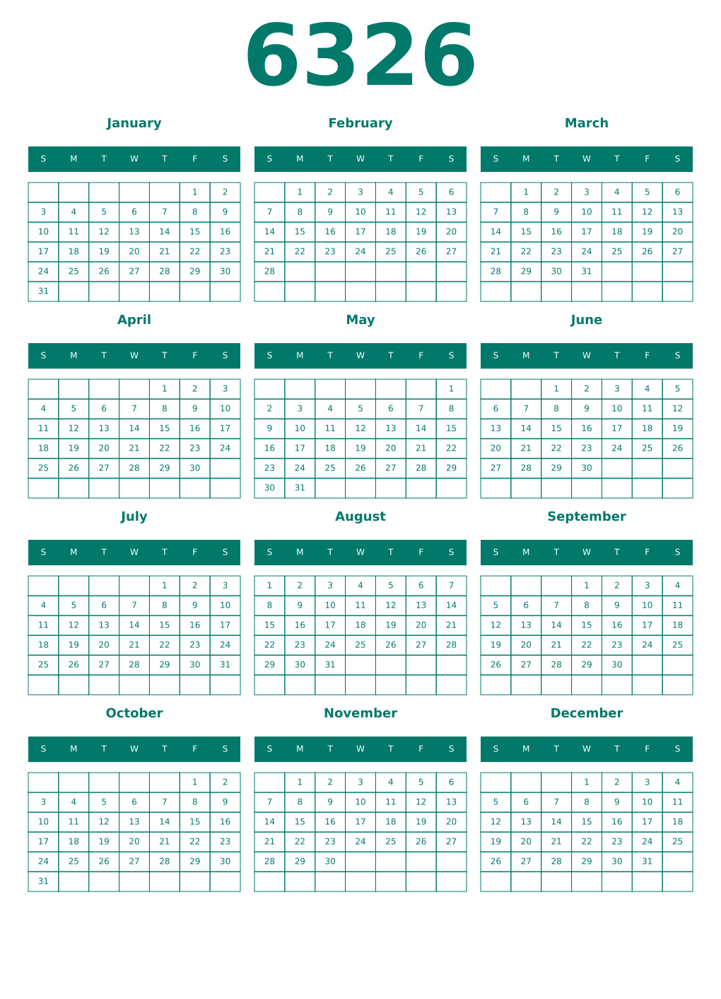 Printable 6326 Year Calendars pastel