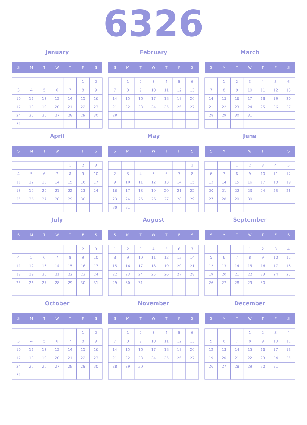 Printable 6326 Year Calendars periwinkle