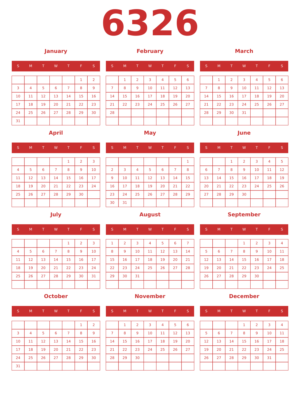 Printable 6326 Year Calendars red