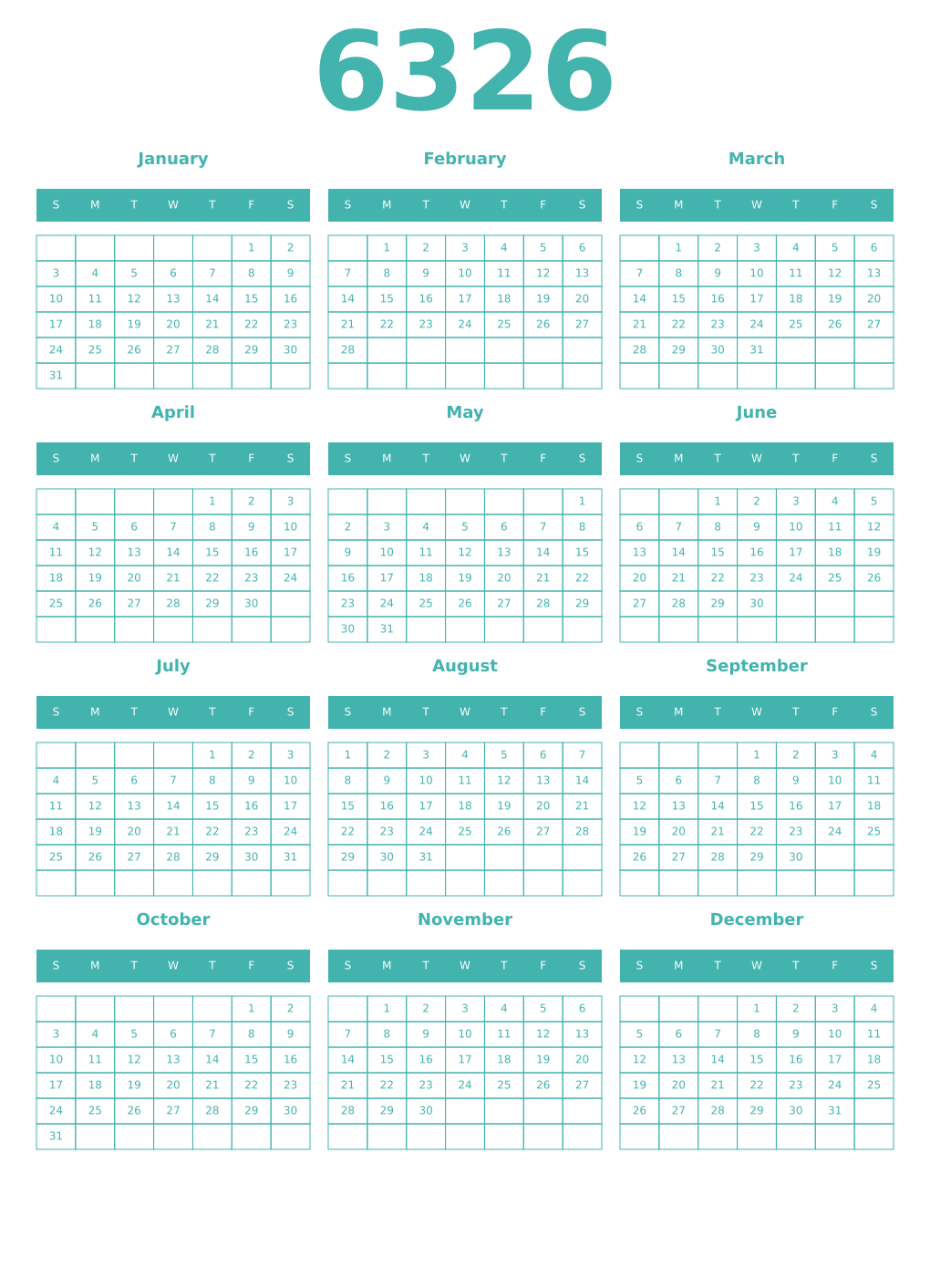 Printable 6326 Year Calendars verdigris