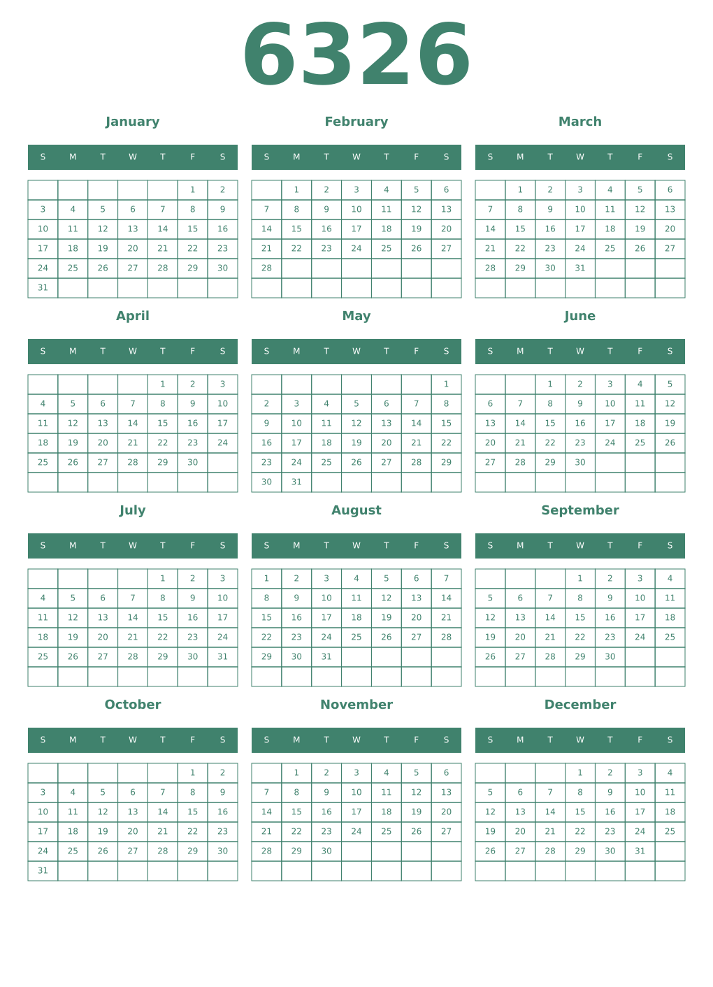 Printable 6326 Year Calendars viridian