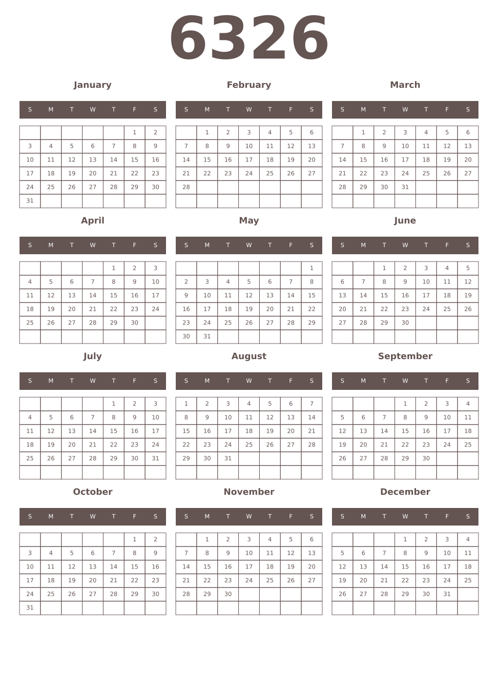 Printable 6326 Year Calendars wenge
