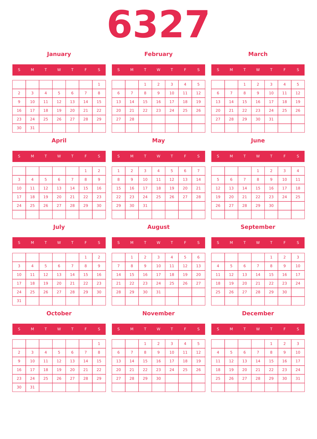 Printable 6327 Year Calendars amaranth
