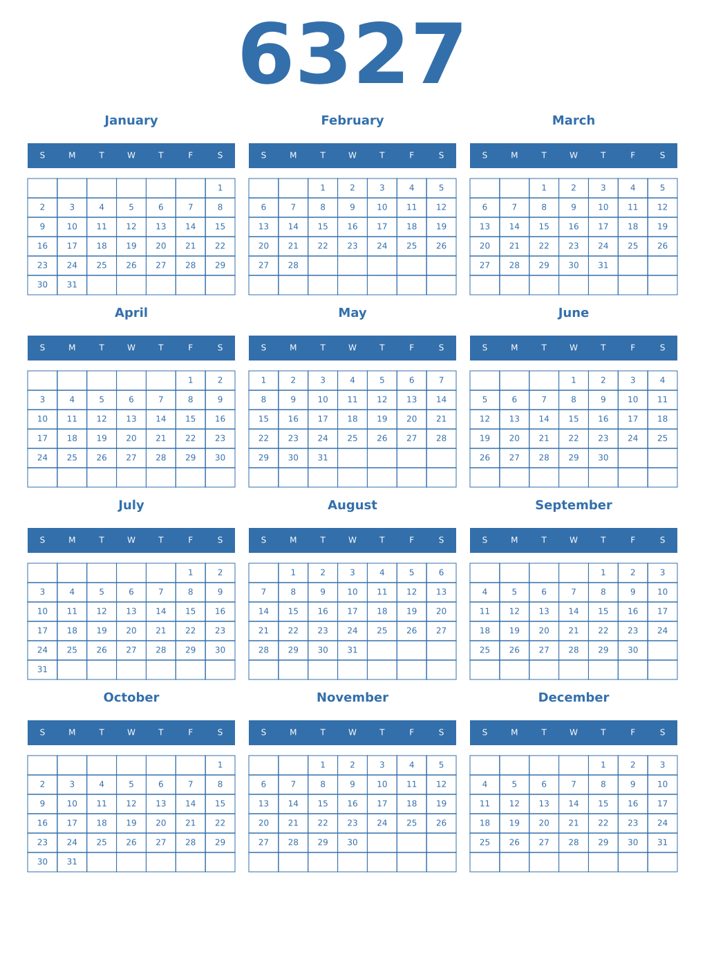 Printable 6327 Year Calendars blue