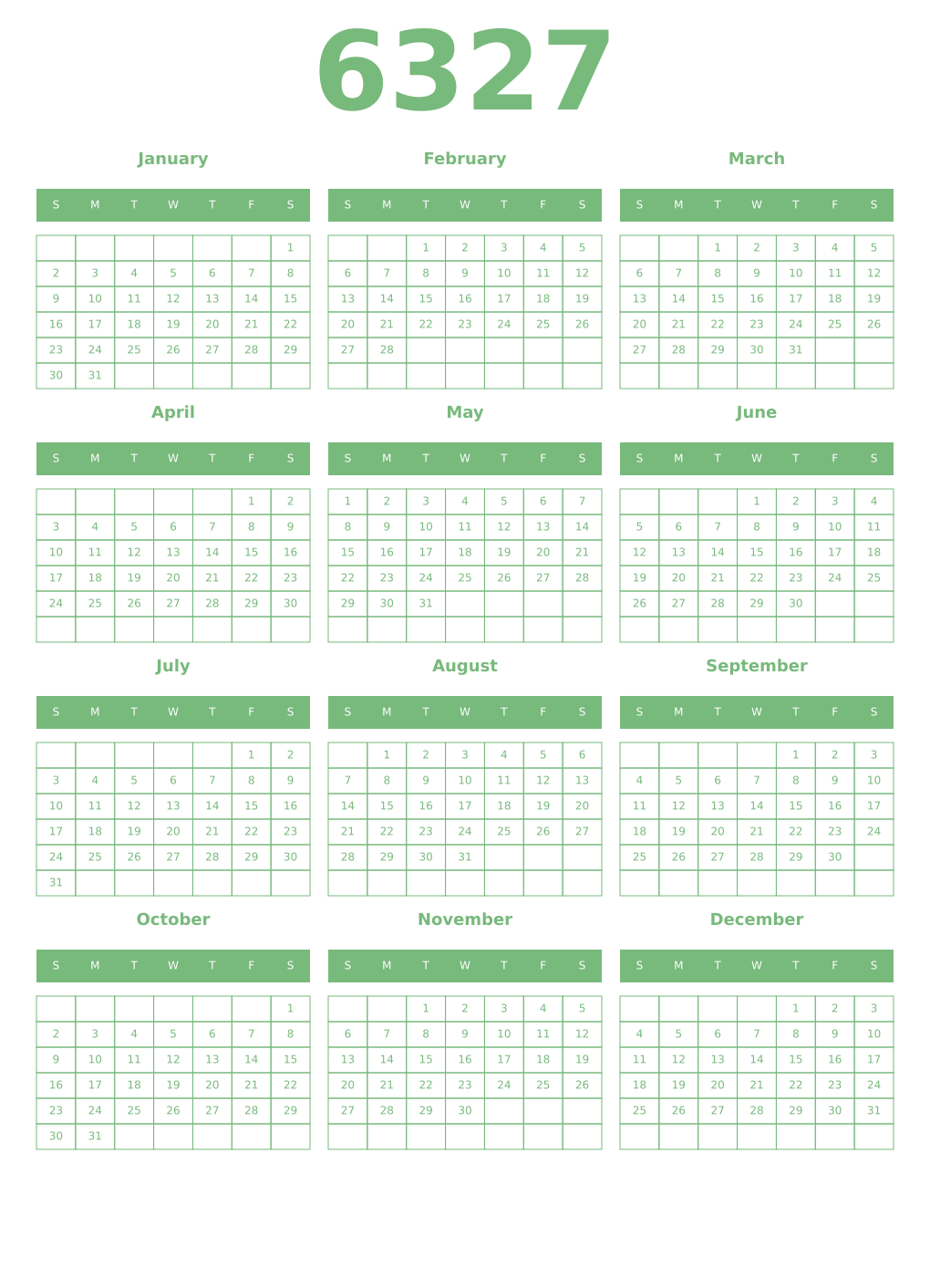 Printable 6327 Year Calendars celadon