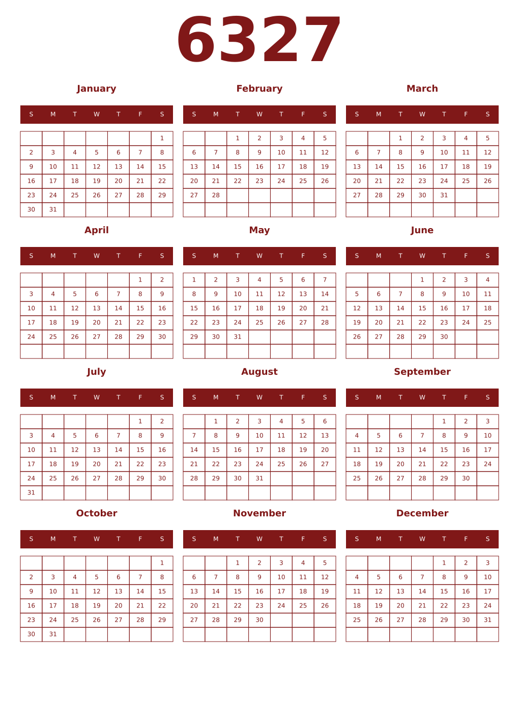 Printable 6327 Year Calendars falu