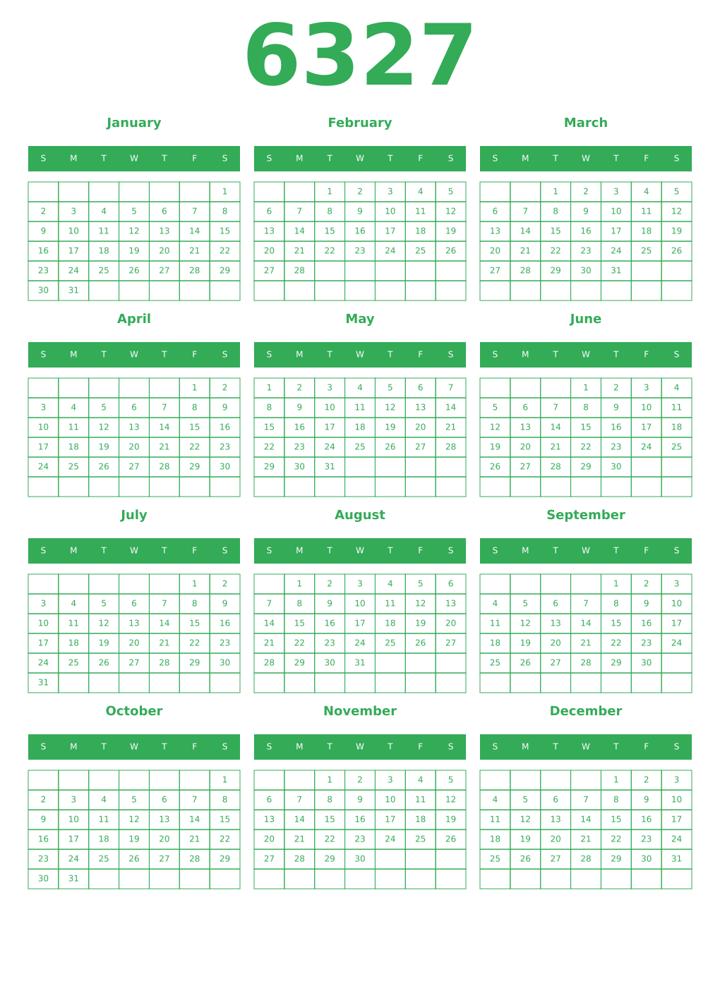 Printable 6327 Year Calendars green