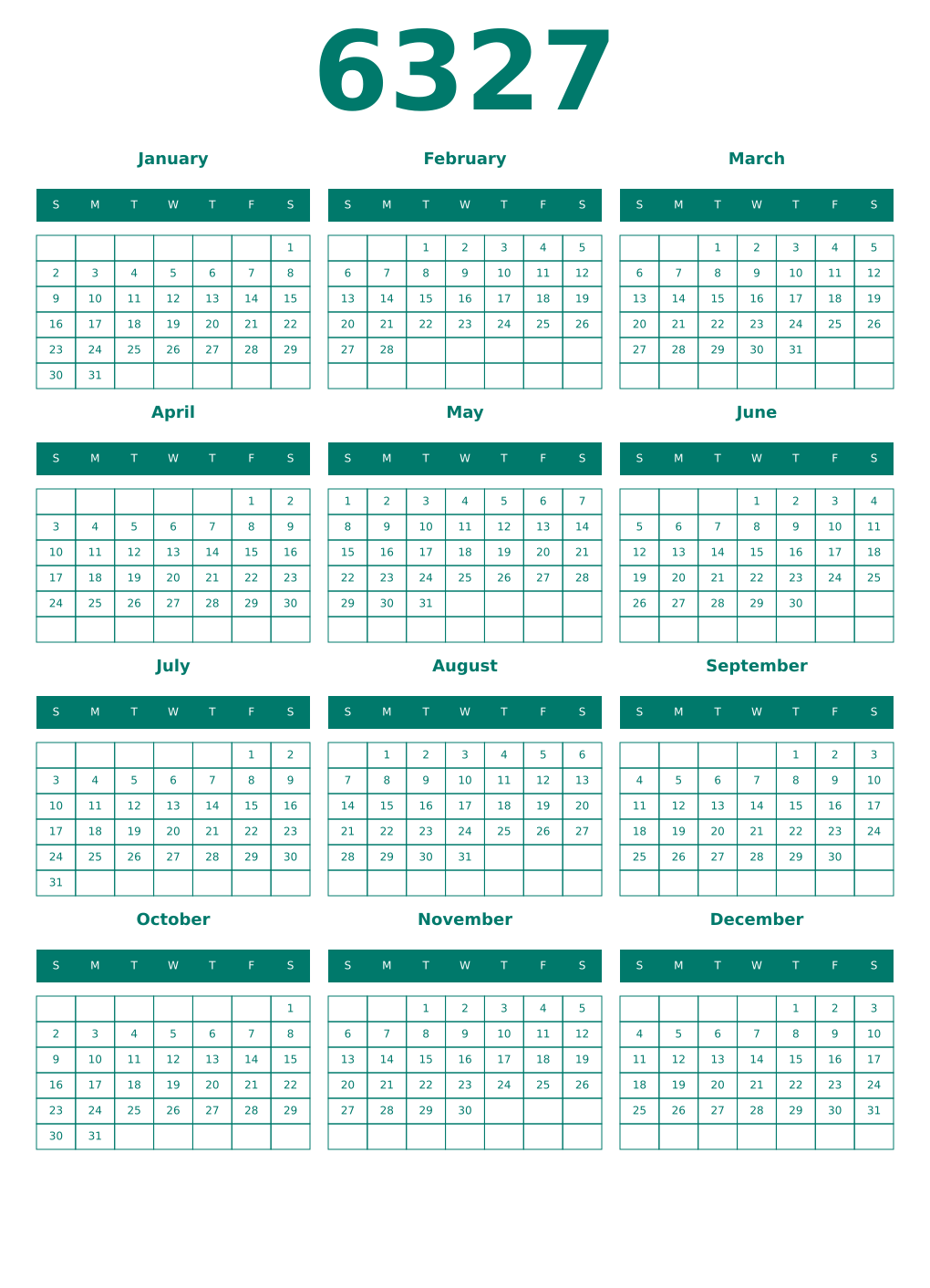 Printable 6327 Year Calendars pastel