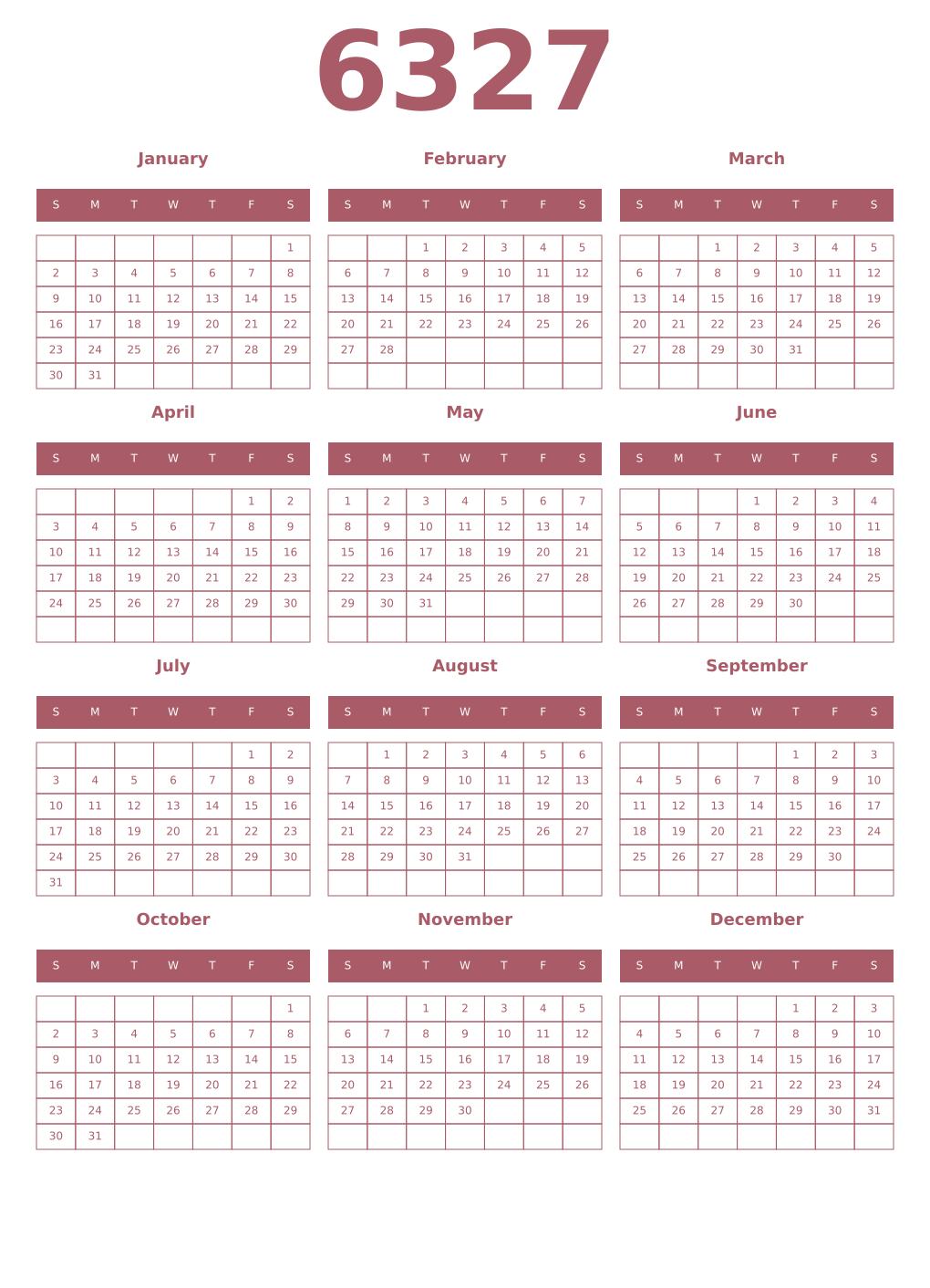 Printable 6327 Year Calendars puce