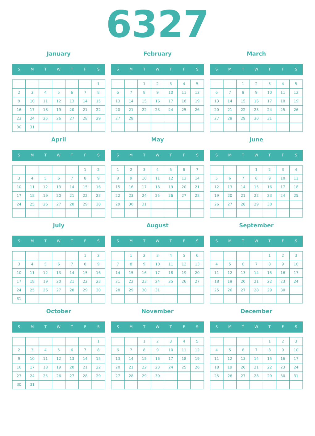 Printable 6327 Year Calendars verdigris