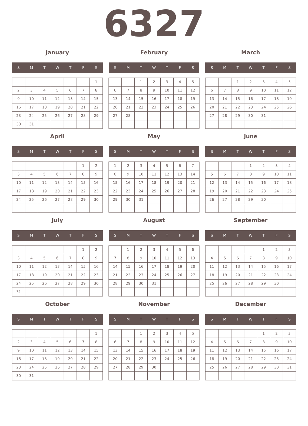 Printable 6327 Year Calendars wenge