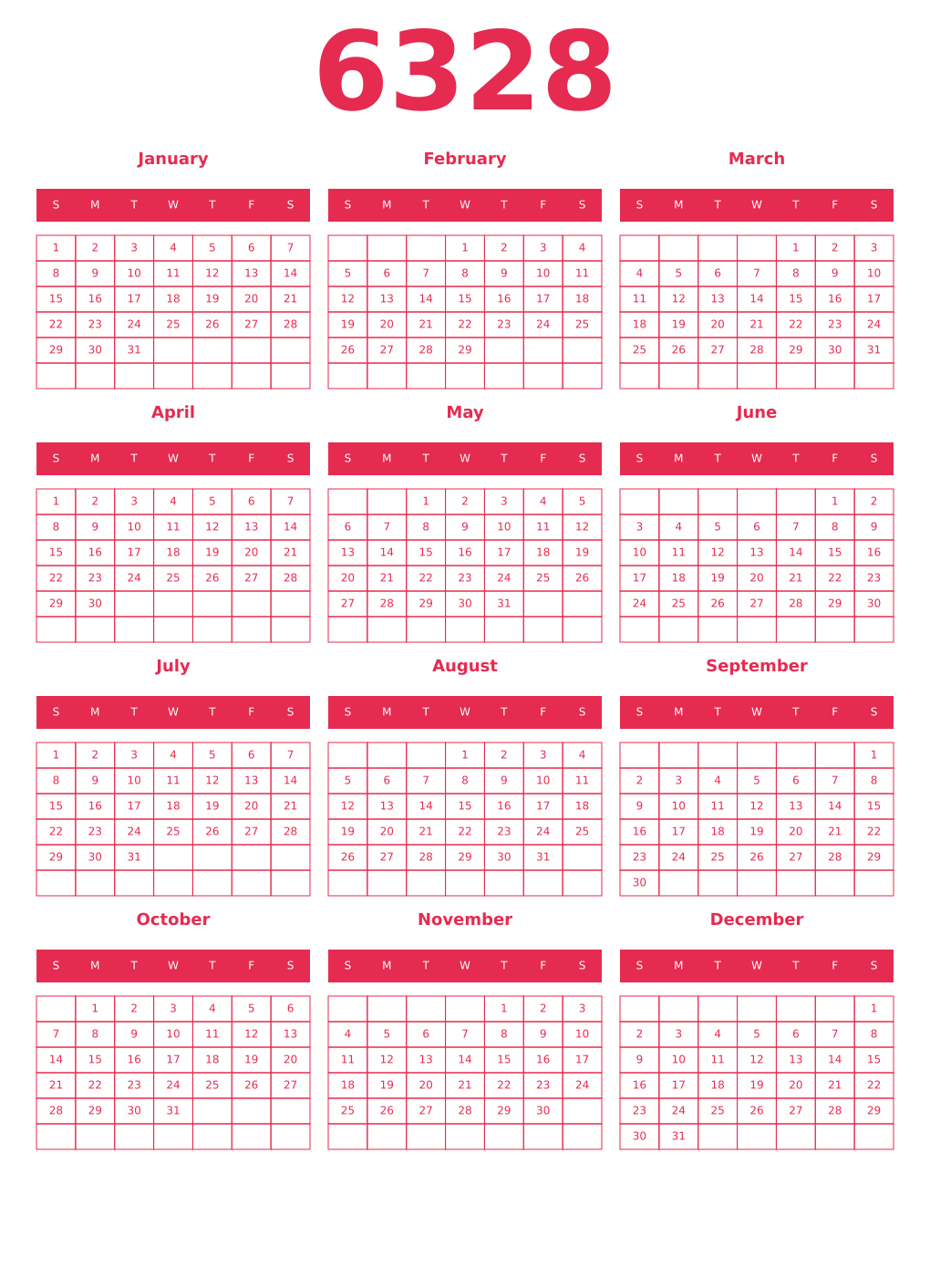 Printable 6328 Year Calendars amaranth