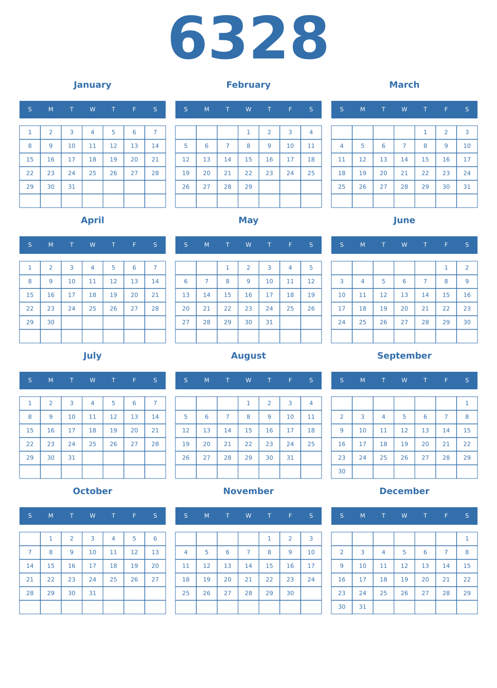 Printable 6328 Year Calendars blue