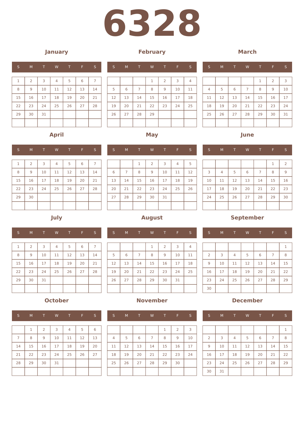Printable 6328 Year Calendars coffe