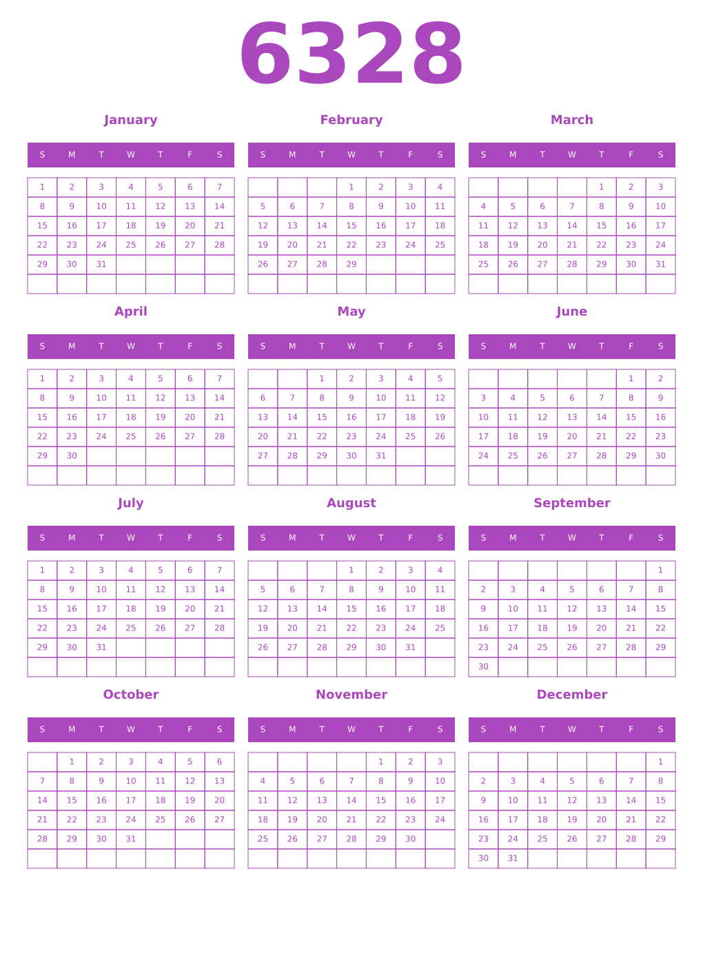 Printable 6328 Year Calendars purple