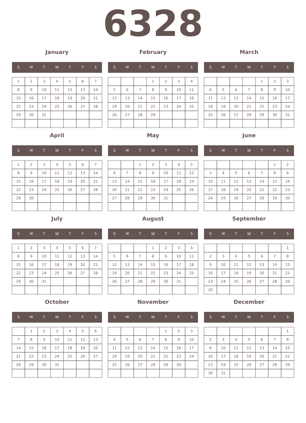 Printable 6328 Year Calendars wenge