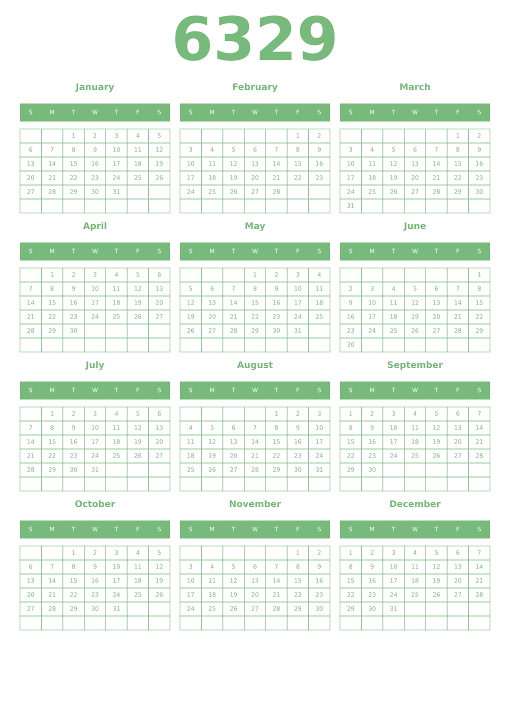 Printable 6329 Year Calendars celadon