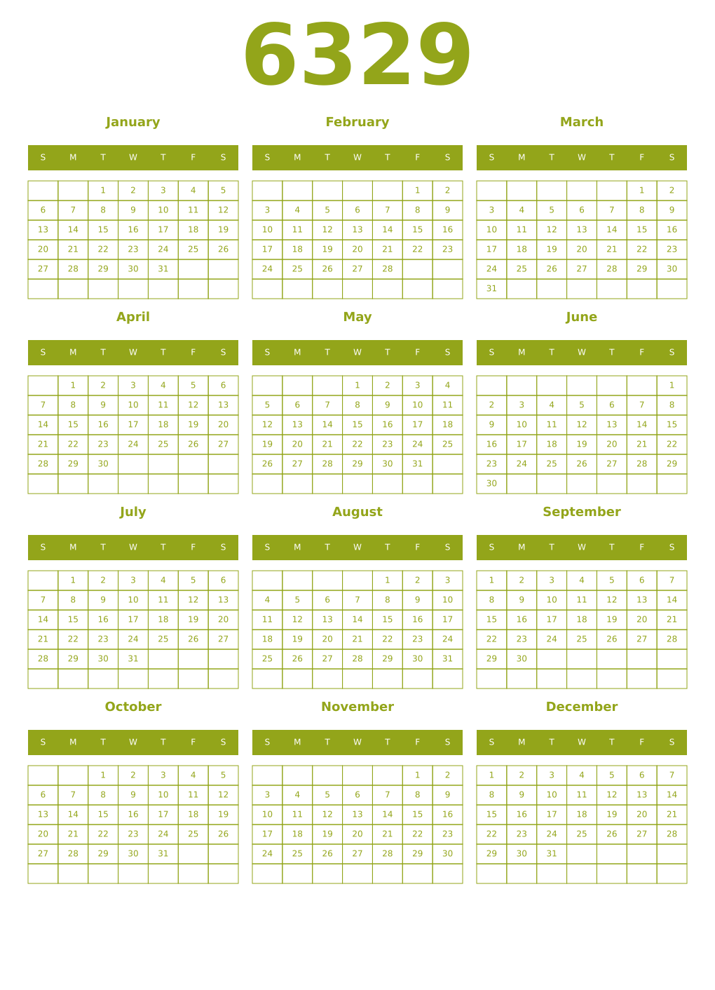 Printable 6329 Year Calendars chartreuse
