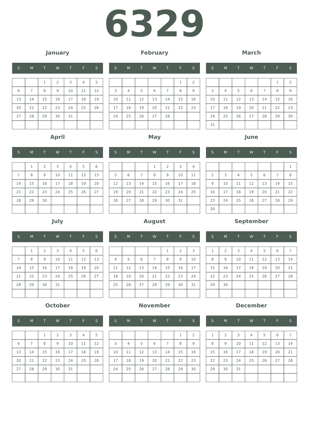 Printable 6329 Year Calendars feldgrau