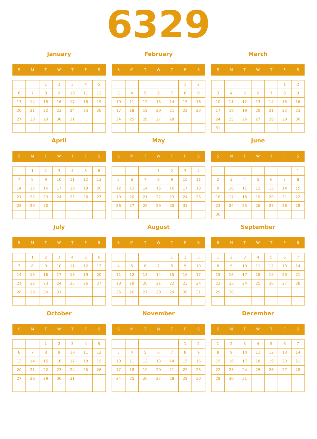 Printable 6329 Year Calendars gamboge