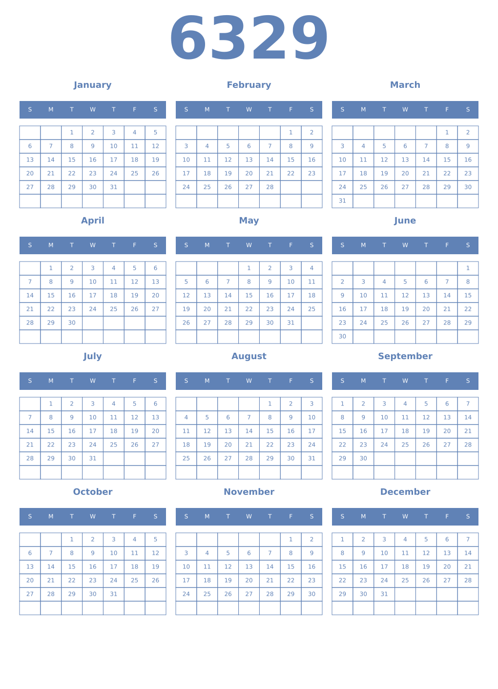 Printable 6329 Year Calendars glaucous