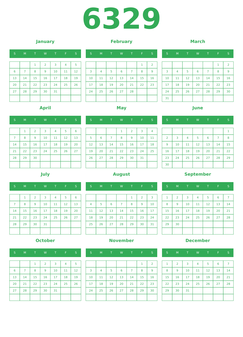 Printable 6329 Year Calendars green