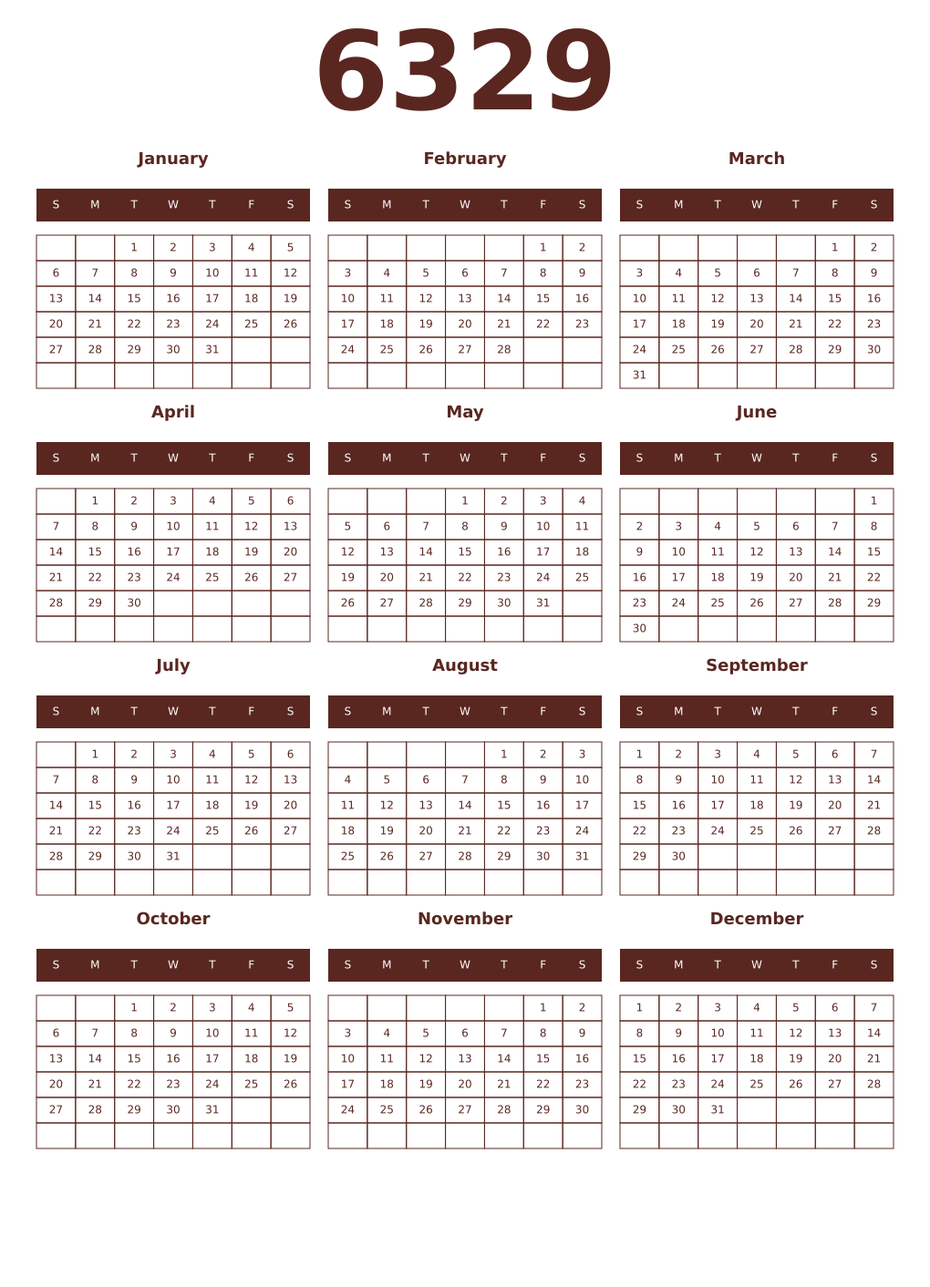 Printable 6329 Year Calendars mortuum