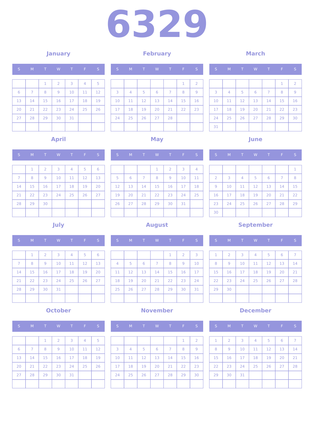 Printable 6329 Year Calendars periwinkle