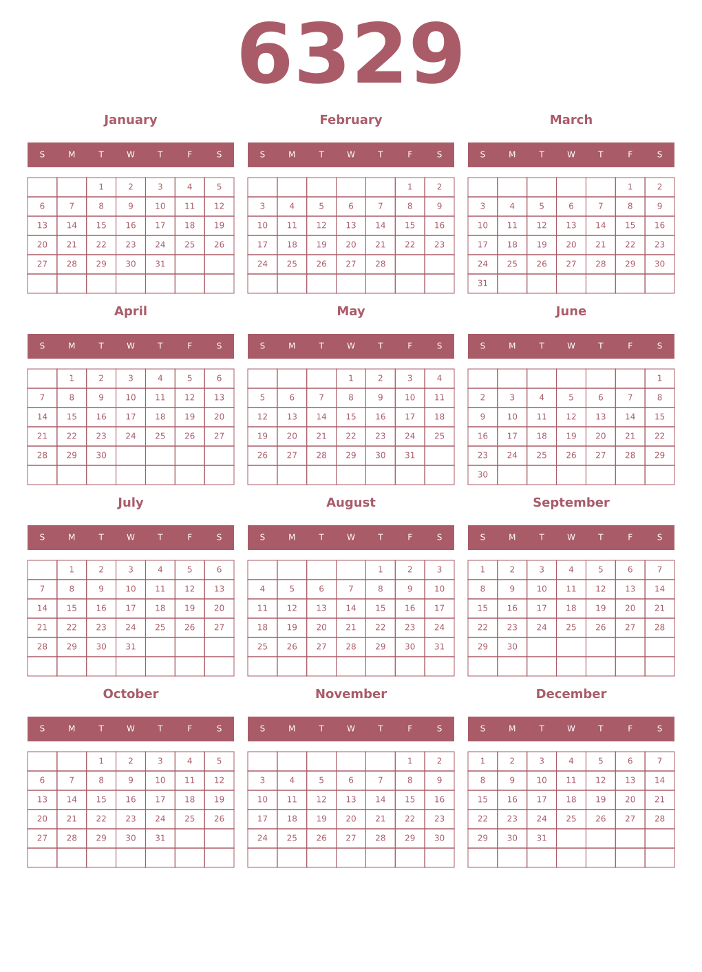 Printable 6329 Year Calendars puce