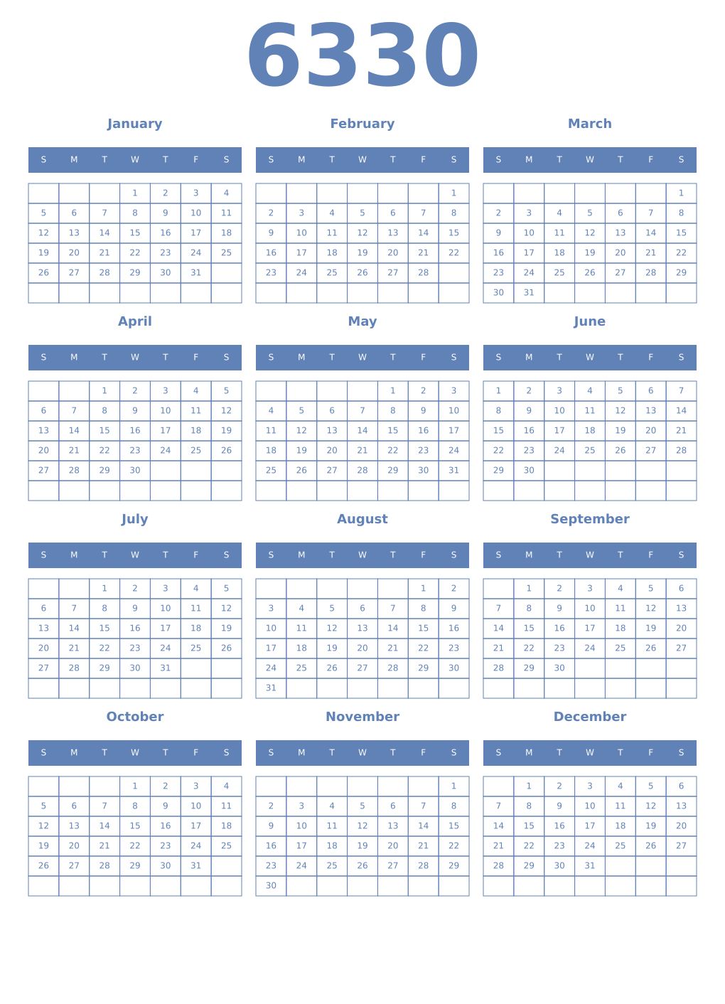 Printable 6330 Year Calendars glaucous